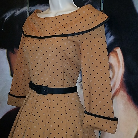 Tatyana Iced Coffee 1940's Mocha Polka Dot 3/4 Sleeve Military Pinup Swing Dress - Picture 5 of 9